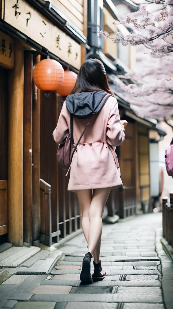 Kyoto cityscape A Japanese girl in her 20s traveling alone Carrying a pink backpack