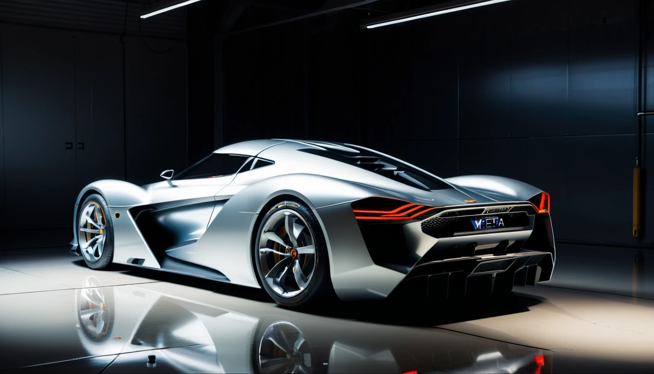 Futuristic sports car, minimalist garage, sleek design, metallic paint, studio lighting, by WETA Workshop and Vehicle Design, artstation, hyperrealistic, (shadows:1.5) for depth, (reflections:1.5) on the car body, Appearance from behind