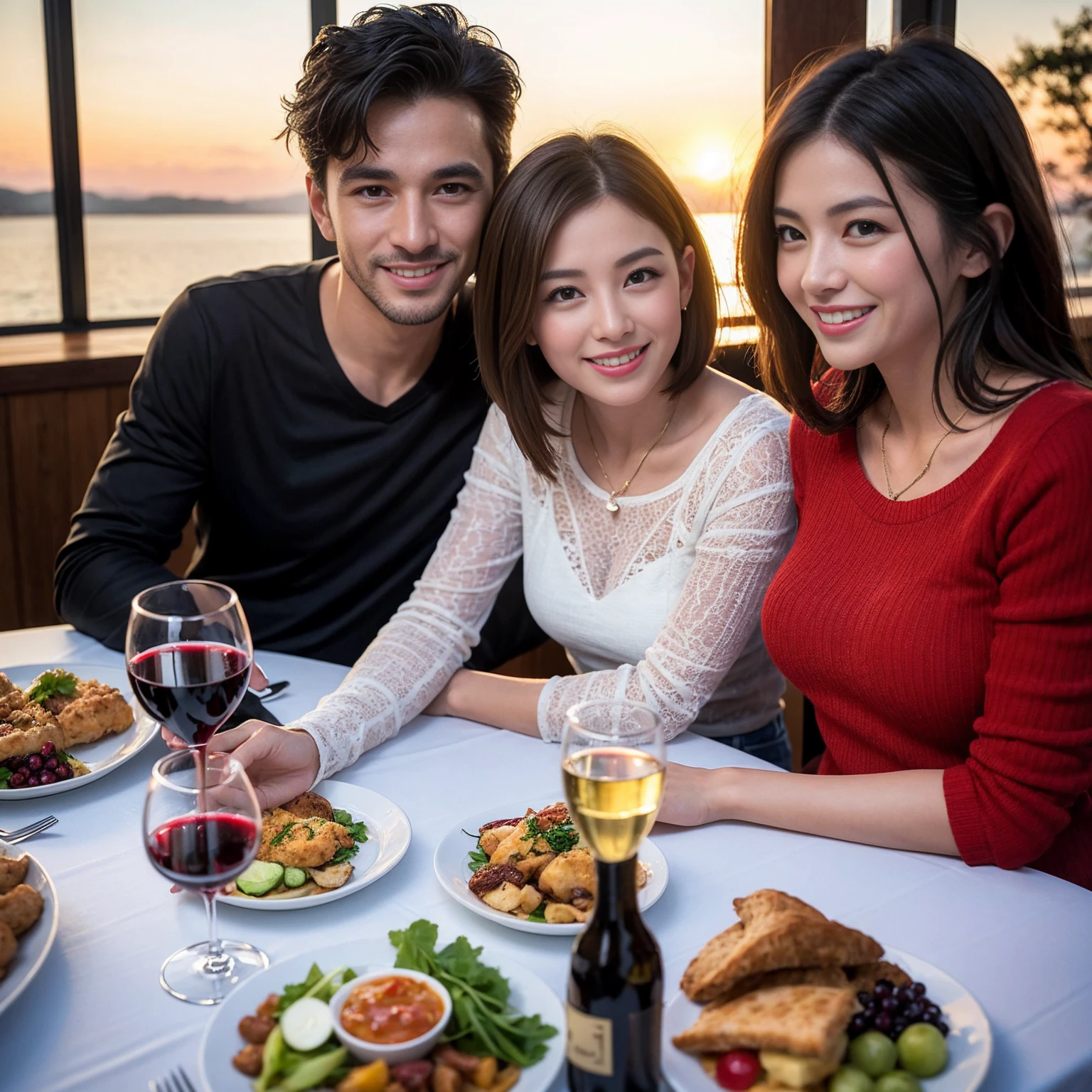 ((Highest quality、8K、masterpiece:1.3))、 (Ultra-realistic、 Genuine、Bright image、Intricate details:1.2), 最高のsmile、1 male、1 female、Beautiful couple、Love Love Love、Lovers in Yokohama、Good friends、actress couple、smile、Full-course dinner at a packed table、 (Slim face), (the body is slim), (Brown Hair), (short hair), テーブルのwine glass、Please shine a light on my face、 Amazing view of the sunset sky and clouds、42 years old 39 years old, red wine 、Appetizers、Wine bottle、sparkling wine、Long sleeve shirt、dress、White wine, red wine, wine glass, 