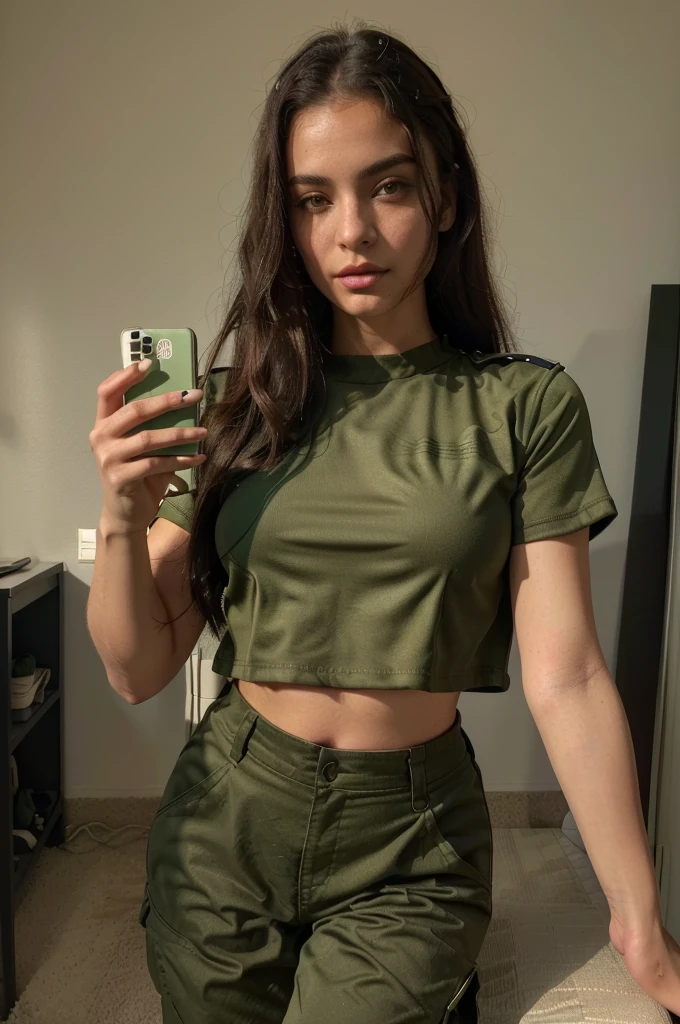 arafed woman taking a selfie in a green crop top, wearing military outfit, military outfit, wearing a sexy cropped top, army girl outfit, outfit photo, wearing crop top, 2 4 year old female model, military girl, crop shirt, (full body shot), ((barefoot)), physical : midriff, with two front pockets, wide hips