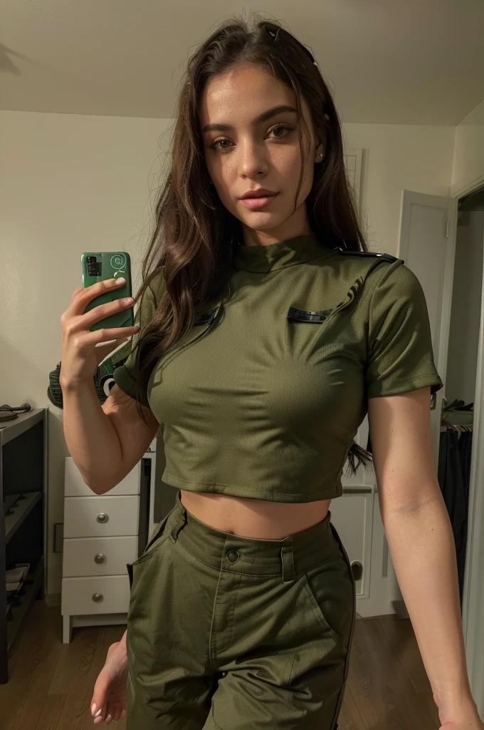 arafed woman taking a selfie in a green crop top, wearing military outfit, military outfit, wearing a sexy cropped top, army girl outfit, outfit photo, wearing crop top, 2 4 year old female model, military girl, crop shirt, (full body shot), ((barefoot)), physical : midriff, with two front pockets, wide hips