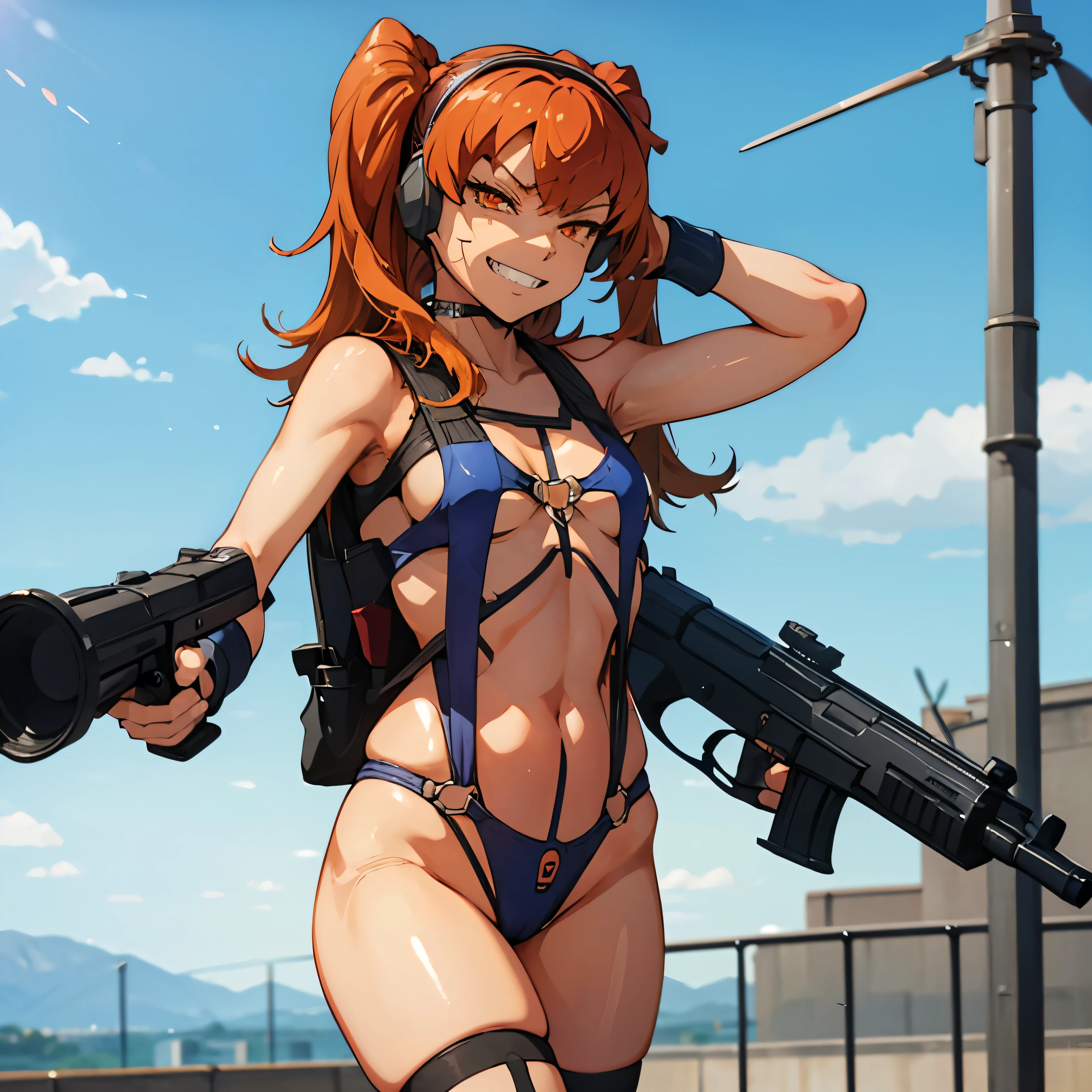 Imperial Guard Combat Uniform Swimsuit, o-ring bikini, v gundam, swimsuit, absurdres, highres, solo, cowboy shot, 1girl, neneka nibrou \(cosplay\), wristband, headphone, holster, backpack, holding gun, aiming, perfect hands, wind, (highres,best_quality,masterpiece), small breast, srw_bertha, twin tails, orange hair, orange eyes, (((evil smile, evil grin)))