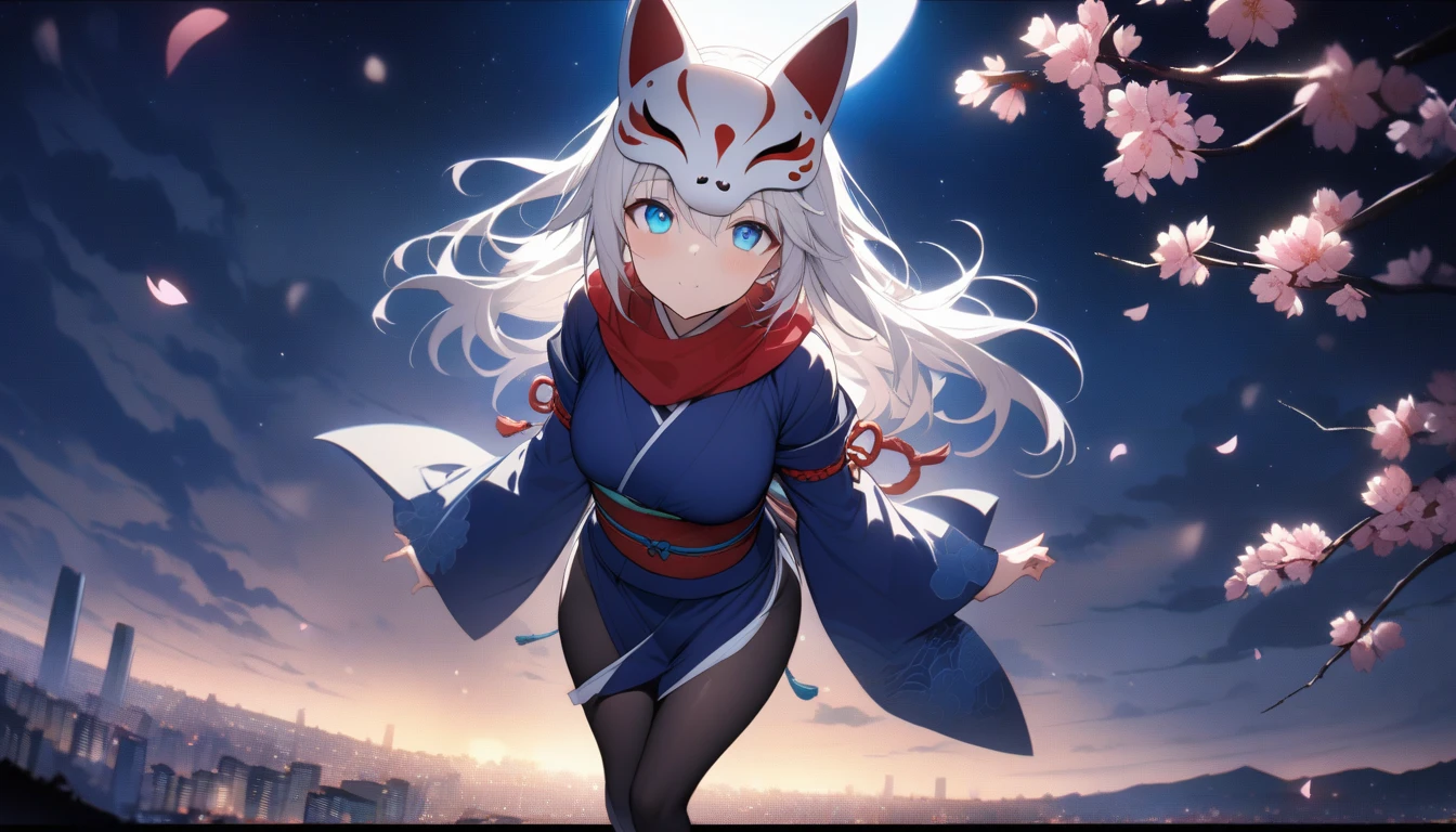 (masterpiece, best quality:1.2), 1girl, 独奏,Wolf girl, fox mask, ninja, girl, long white hair, odd eyes, blue kimono, ninja girl, red and blue scarf,Dancing Cherry Blossoms,Full moon backlighting, light coming in, fantastic atmosphere.night、Shadows of light and darkness、Eyes glowing in the dark、Black fox mask、Fisheye Lens、Expansive starry sky、long hair that spreads、Looking up from afar、Overlooking the city from atop a large cherry tree、