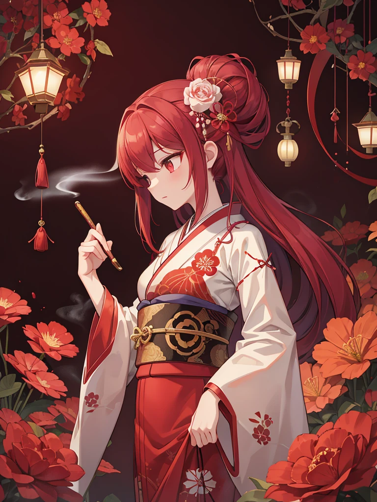 In a crimson background、A woman with long red hair is standing。She is wearing a traditional red kimono.、The kimono has intricate and beautiful patterns.。The woman is depicted in profile.、Elegant smoking pipe（Japanese Smoking Pipes）Has、Smoke drifts slowly。Her hair was decorated with gorgeous and elaborate flowers.、Delicate ornaments dangle from the ears.。The overall atmosphere is calm.、The rich, deep red colour is highlighted、It gives a mysterious and beautiful impression.。There is nothing drawn in the background、The whole thing is unified in red.、Feminine beauty and elegance are highlighted。