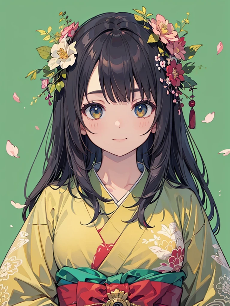 Official Art, wallpaper, Very detailed, (((Very detailedな目と顔))), shut your mouth, Warm smile,1 Girl,Arms hanging down,Half Body,Medium shot,masterpiece, best quality, Realistic Portraits, (Zendispute, Mandala, dispute, Endispute), kimono, Very detailed, Dynamic Angle, The most beautiful form of chaos, elegant, Brutalist design, Vibrant colors, Romantic cherry blossoms,Green Background