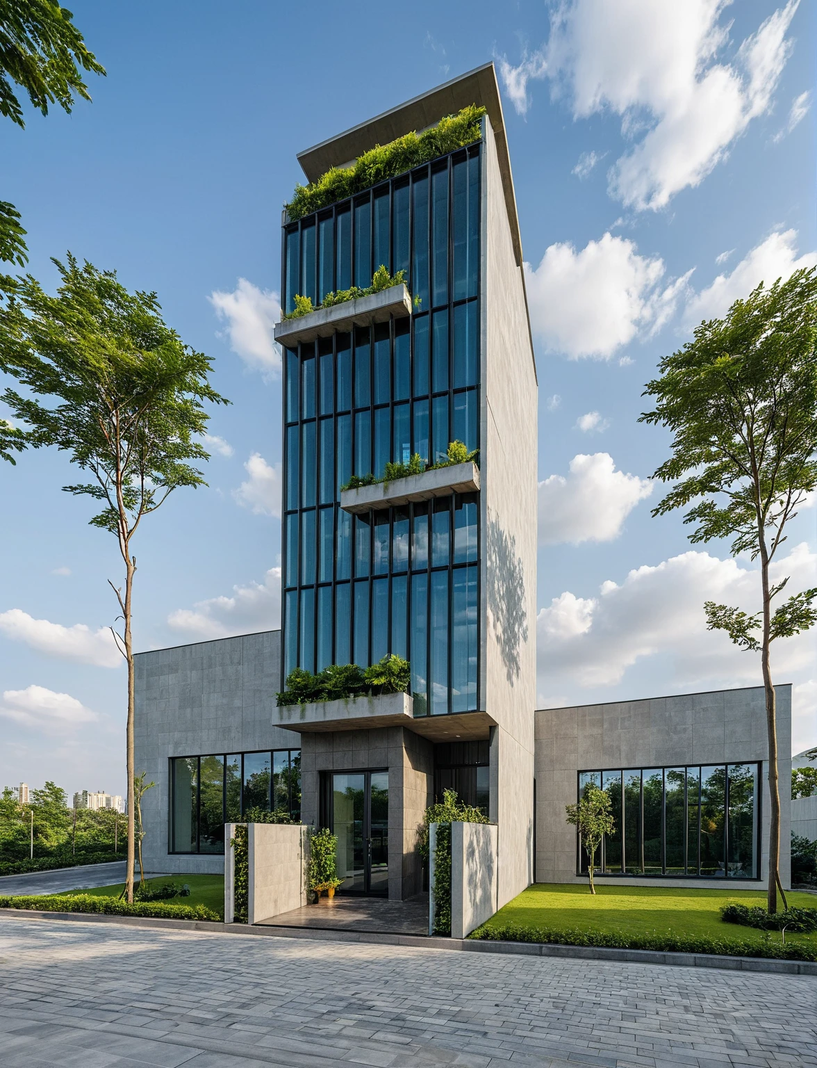 Masterpiece, high quality, best quality, authentic, super detail, outdoors, onestoreyvillaXL, aiaigroup, The office building stands tall with its sleek, modern design, characterized by extensive glass facades that reflect the sky and surrounding cityscape. Large, floor-to-ceiling windows are fitted with stylish sun-shading louvers, ensuring a comfortable and energy-efficient environment inside. The front of the building is adorned with lush greenery, featuring a variety of plants and trees that add a touch of nature to the urban setting. People are walking briskly in front of the building, some engaged in conversation, while others are focused on their destinations. The atmosphere is bustling yet orderly, encapsulating the dynamic and productive spirit of the area. ,road,pavement, grass, trees, sky, cloud, (daylight:1.1)
