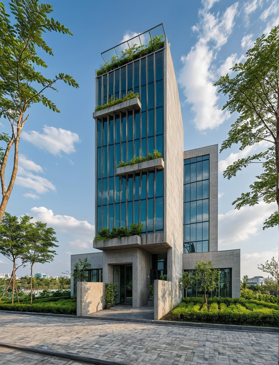 Masterpiece, high quality, best quality, authentic, super detail, outdoors, onestoreyvillaXL, aiaigroup, The office building stands tall with its sleek, modern design, characterized by extensive glass facades that reflect the sky and surrounding cityscape. Large, floor-to-ceiling windows are fitted with stylish sun-shading louvers, ensuring a comfortable and energy-efficient environment inside. The front of the building is adorned with lush greenery, featuring a variety of plants and trees that add a touch of nature to the urban setting. People are walking briskly in front of the building, some engaged in conversation, while others are focused on their destinations. The atmosphere is bustling yet orderly, encapsulating the dynamic and productive spirit of the area. ,road,pavement, grass, trees, sky, cloud, (daylight:1.1)