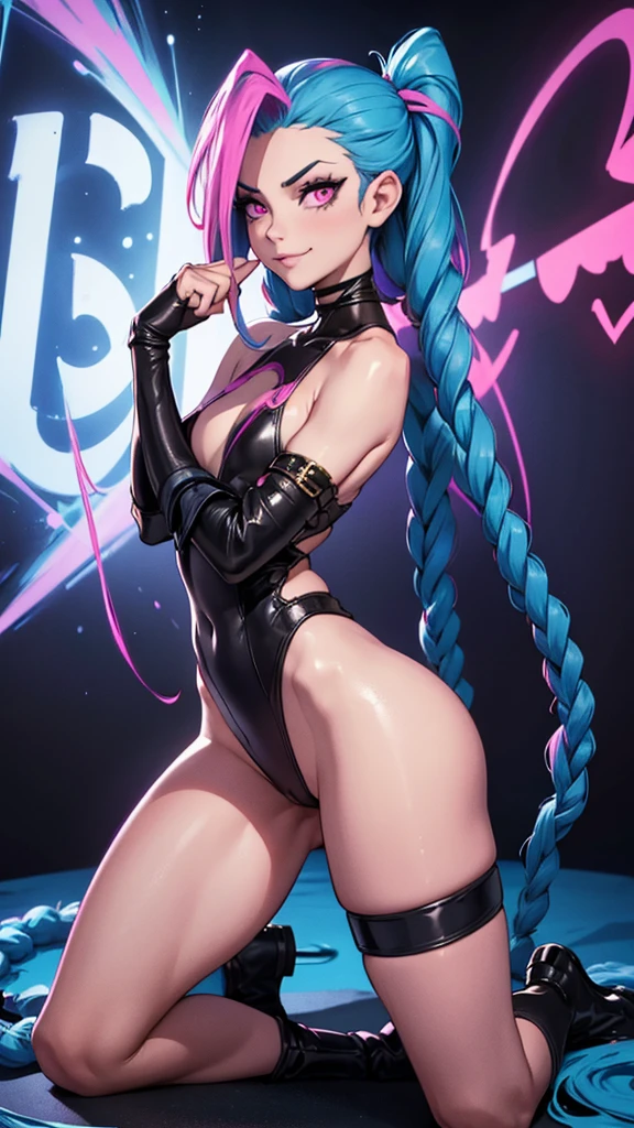 portraits of a,  girl, in all its height (full body 1.1), city at night, , ,  magazine, fantasy city, standing , close your face,  focus, Upper part of the body, covers his chest with his hands, covers his  chest with his palms, smile, smiling, Enthusiasm, face close up, glow in the dark paint, dark shades, dark blue background, Arcane style, Jinx de Arcano (character design 1.1.), standing in fighting stance, very long blue braids, two very long hair tails, Very detailed. animated style, The secret of animation., gloomy composition, The gloomy room, luminescent paint on the walls, drawings on the walls, gloomy atmosphere, bright pink eyes (highly detailed bright pink eyes, pink pupils 1.1), pink pupils, Ojos Very detaileds, beautiful figure, a 1 girl, beautiful figure (Proper  1.1.), slim figure, shapely legs, blue fur, long hair, Black leather skinny pants, Very detailed face, very beautiful face, very sexy ass, in all its height (full body 1.1), small elastic breasts, small ass, beautiful figure delgada, small buttocks, tight black suit, Masterpiece，Best Quality，Very detailed，visible at the feet， 8K resolution， high