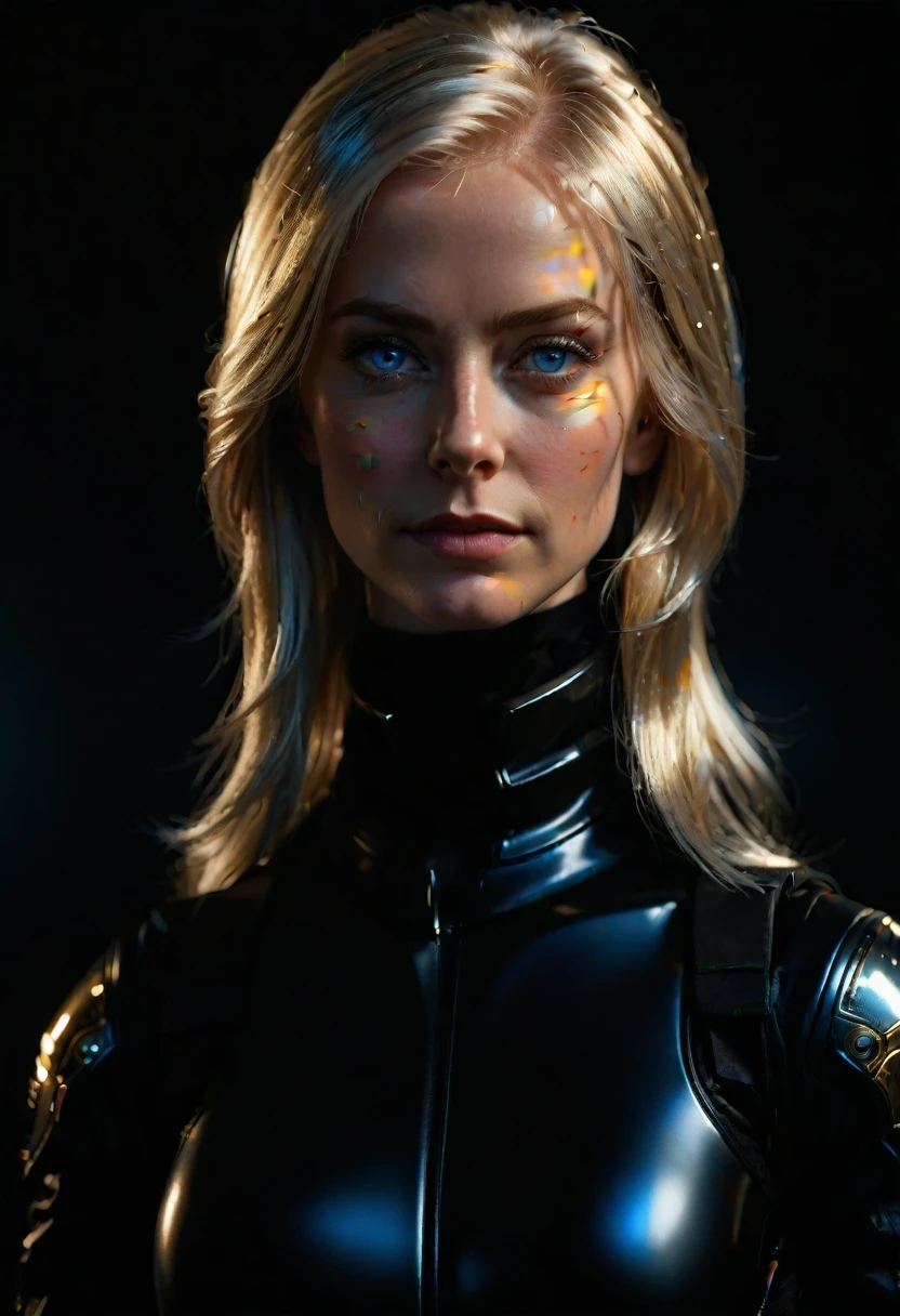 a woman with shimmering golden-platinum hair, deep blue eyes, wearing a black spacesuit, hyper-realistic, extremely detailed, unprocessed photographic quality, masterpiece, 8k, best quality, ultra-detailed, photorealistic, photo-realistic, physically-based rendering, extreme detail description, professional, vivid colors, studio lighting, sharp focus, realistic, cinematic lighting, dramatic shadows, chiaroscuro, moody, atmospheric, epic, grandiose, imposing, monumental, awe-inspiring