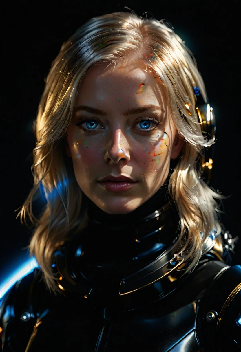 a woman with shimmering golden-platinum hair, deep blue eyes, wearing a black spacesuit, hyper-realistic, extremely detailed, unprocessed photographic quality, masterpiece, 8k, best quality, ultra-detailed, photorealistic, photo-realistic, physically-based rendering, extreme detail description, professional, vivid colors, studio lighting, sharp focus, realistic, cinematic lighting, dramatic shadows, chiaroscuro, moody, atmospheric, epic, grandiose, imposing, monumental, awe-inspiring