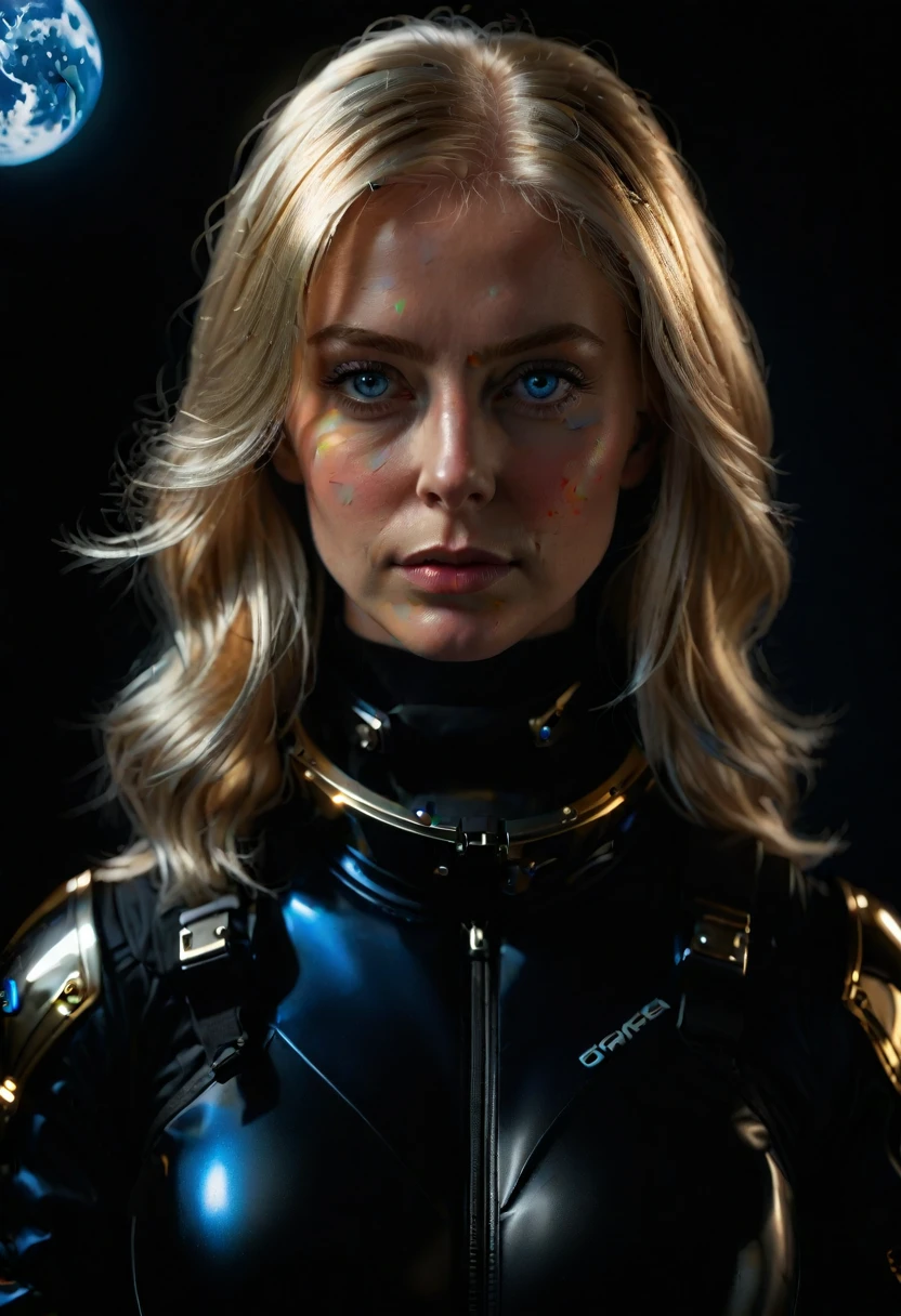 a woman with shimmering golden-platinum hair, deep blue eyes, wearing a black spacesuit, hyper-realistic, extremely detailed, unprocessed photographic quality, masterpiece, 8k, best quality, ultra-detailed, photorealistic, photo-realistic, physically-based rendering, extreme detail description, professional, vivid colors, studio lighting, sharp focus, realistic, cinematic lighting, dramatic shadows, chiaroscuro, moody, atmospheric, epic, grandiose, imposing, monumental, awe-inspiring