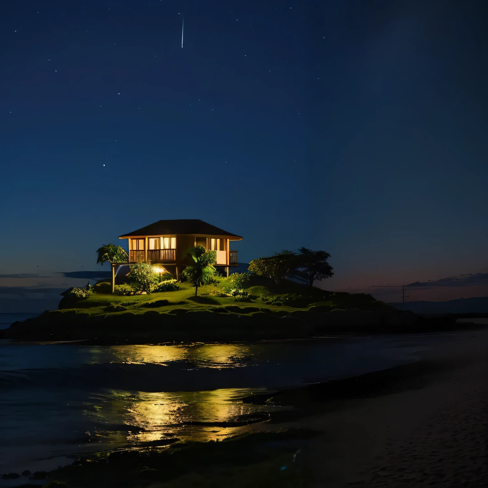 Night view of a house on a small island with a full moon, Night Shots, Night view, Detailed wide shot, at night, Night setting, Photo taken at night, shot with a canon 20mm lens, Sigma 2.Shot at f1.0mm. 4, Photo taken during blue hour, Night view, Night Shot, Beachfront, at night scene