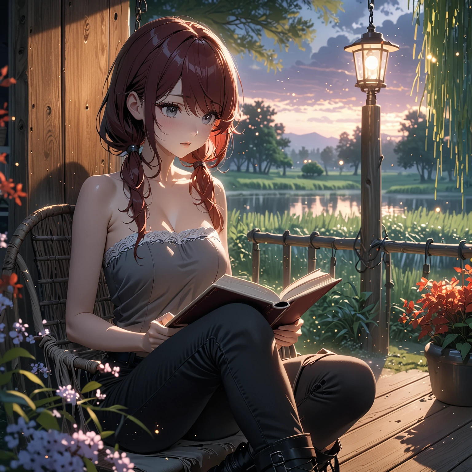 masterpiece, best quality, 1 young woman, beautiful, dusk, particles,magic, cozy, sitting on swing beneath willow tree and reading book, dark red hair in low twin tails, swept bangs, gray eyes, strapless gray top with white trim, black jeans, black boots,
dramatic light, beautiful lights,4k, gorgeous, cinematic,