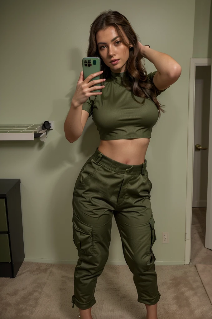 arafed woman taking a selfie in a green crop top, wearing military outfit, military outfit, wearing a sexy cropped top, army girl outfit, outfit photo, wearing crop top, 2 4 year old female model, military girl, crop shirt, (full body shot), ((barefoot)), physical : midriff, with two front pockets, wide hips