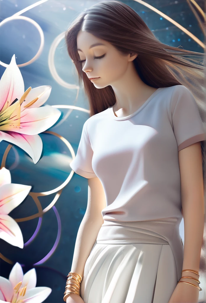((1 girl - solo, full length, waist-length, loose - relaxed pose, standing)), ((masterpiece, best quality: 1.3), (ultra detail: 1.3), (best quality, high resolution, photo realistic: 1.37)). ((Orange, pink, white, and green details), (girl, in flower-T, starry sky-white hair), (dark hair, shoulder length, long hair), (elegant body, dark stylish T-shirt , tech clothes: 1.1), (beautiful hands in jewelry bracelets, (Rockstar)). ((Calm look, relaxed pose, standing)). ((Abstract background with lines and circles), (Technical background - abstraction), (high-tech), (many flowers - lilies), (flowers look amazing), mostly in light colors: (white, blue, yellow, gold)).((Best quality), (surrealism: 1.3), (masterpiece: 1.2) , (fantasy: 1.2, surrealism: 1.3), ((High resolution, sharp image), (best quality: 1.37), (realistic 3D visualization), (adjustments, soft light-shadow, flooded sunlight, contrast shadows – cold tones, warm soft light)). (Technical background - abstraction), (modern style, HD detail, cinematic, surrealism, Deep focus, ray tracing, Diffusion)).