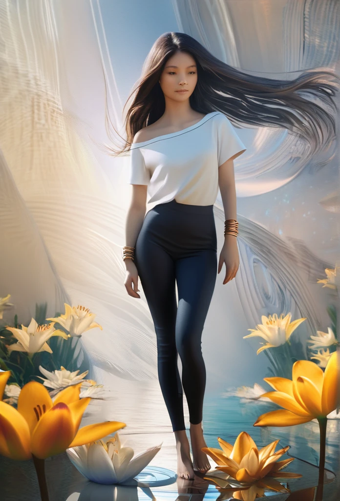 ((1 girl - solo, full length, waist-length, loose - relaxed pose, standing)), ((masterpiece, best quality: 1.3), (ultra detail: 1.3), (best quality, high resolution, photo realistic: 1.37)). ((Orange, pink, white, and green details), (girl, in flower-T, starry sky-white hair), (dark hair, shoulder length, long hair), (elegant body, dark stylish T-shirt , tech clothes: 1.1), (beautiful hands in jewelry bracelets, (Rockstar)). ((Calm look, relaxed pose, standing)). ((Abstract background with lines and circles), (Technical background - abstraction), (high-tech), (many flowers - lilies), (flowers look amazing), mostly in light colors: (white, blue, yellow, gold)).((Best quality), (surrealism: 1.3), (masterpiece: 1.2) , (fantasy: 1.2, surrealism: 1.3), ((High resolution, sharp image), (best quality: 1.37), (realistic 3D visualization), (adjustments, soft light-shadow, flooded sunlight, contrast shadows – cold tones, warm soft light)). (Technical background - abstraction), (modern style, HD detail, cinematic, surrealism, Deep focus, ray tracing, Diffusion)).