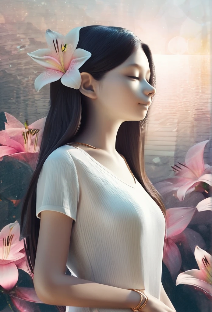 ((1 girl - solo, full length, waist-length, loose - relaxed pose, standing)), ((masterpiece, best quality: 1.3), (ultra detail: 1.3), (best quality, high resolution, photo realistic: 1.37)). ((Orange, pink, white, and green details), (girl, in flower-T, starry sky-white hair), (dark hair, shoulder length, long hair), (elegant body, dark stylish T-shirt , tech clothes: 1.1), (beautiful hands in jewelry bracelets, (Rockstar)). ((Calm look, relaxed pose, standing)). ((Abstract background with lines and circles), (Technical background - abstraction), (high-tech), (many flowers - lilies), (flowers look amazing), mostly in light colors: (white, blue, yellow, gold)).((Best quality), (surrealism: 1.3), (masterpiece: 1.2) , (fantasy: 1.2, surrealism: 1.3), ((High resolution, sharp image), (best quality: 1.37), (realistic 3D visualization), (adjustments, soft light-shadow, flooded sunlight, contrast shadows – cold tones, warm soft light)). (Technical background - abstraction), (modern style, HD detail, cinematic, surrealism, Deep focus, ray tracing, Diffusion)).