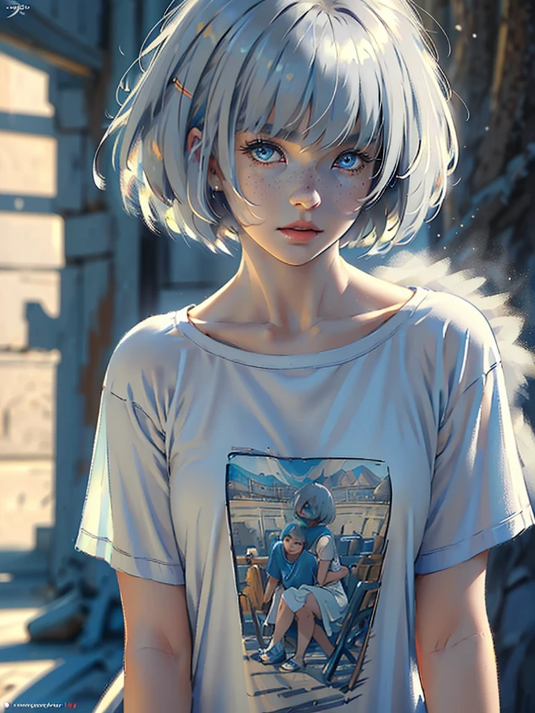 ((masterpiece)), ((best quality)), (ultra-detailed), ((extremely detailed)), 4K, (8K), best quality, a beautiful woman, ((beautiful light gray hair)), shiny hair, ((fluffy bob cut)), light blue eyes, detailed skin, freckled skin, flushed cheeks, 20 years old, , oversized t-shirt, graphic t-shirt, cowboyshot