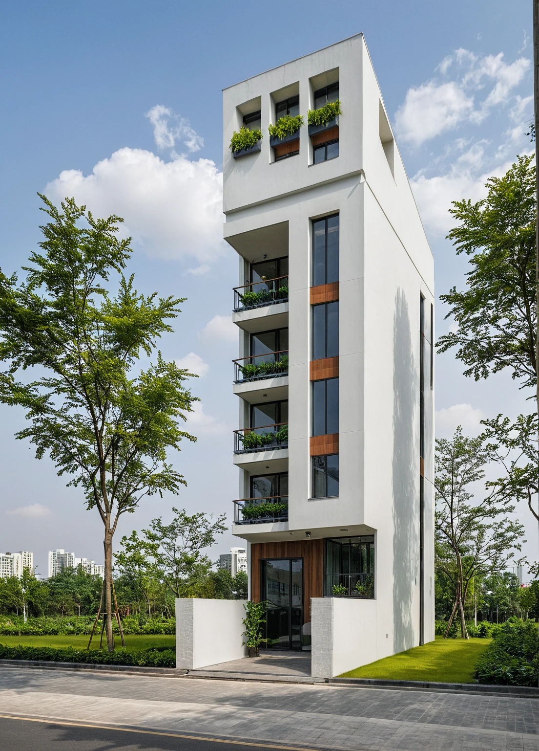Masterpiece, high quality, best quality, authentic, super detail, outdoors, onestoreyvillaXL, aiaigroup, The office building stands tall with its sleek, modern design, characterized by extensive glass facades that reflect the sky and surrounding cityscape. Large, floor-to-ceiling windows are fitted with stylish sun-shading louvers, ensuring a comfortable and energy-efficient environment inside. The front of the building is adorned with lush greenery, featuring a variety of plants and trees that add a touch of nature to the urban setting. People are walking briskly in front of the building, some engaged in conversation, while others are focused on their destinations. The atmosphere is bustling yet orderly, encapsulating the dynamic and productive spirit of the area. white wall ,road,pavement, grass, trees, sky, cloud, (daylight:1.1)