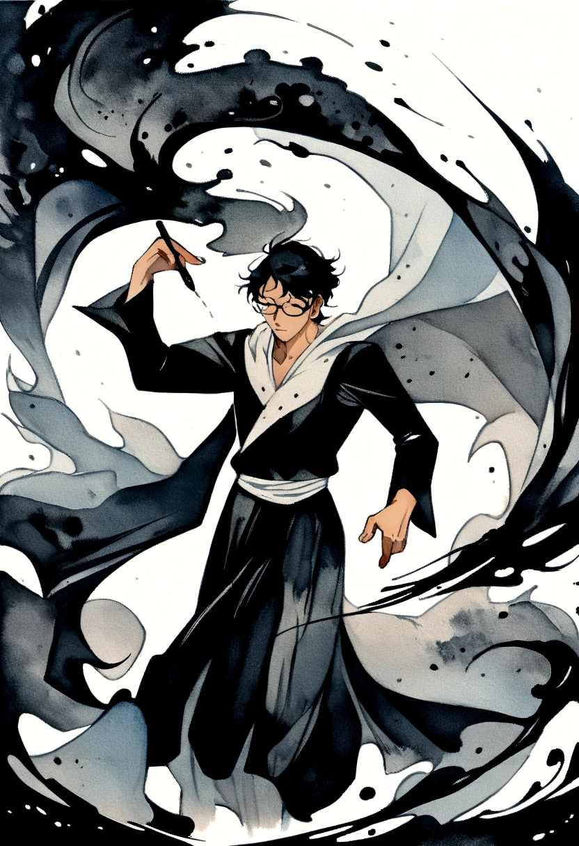 ink art style, black and white, abstract, watercolor painting style, blurs, drawing of a young man, artist man, elegant old clothes, writer man, desperate man ,stressed, rampant, writing with ink, very inspired man, unkempt black hair, glasses, epic , ink and writing powers, rage, strong wind clothes with the wind, rain , black and white, epic, exaggerated pose, sheets of paper flying ,inspiration, wildness