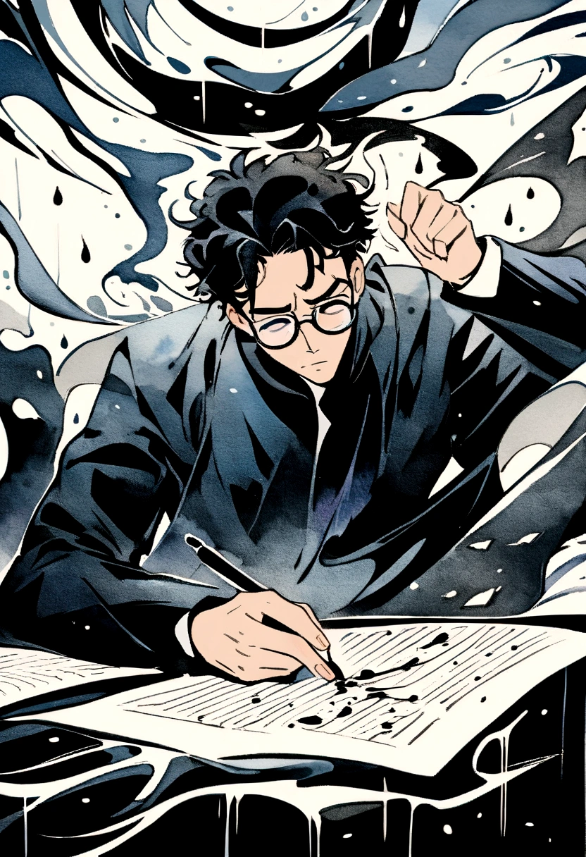 ink art style, black and white, abstract, watercolor painting style, blurs, drawing of a young man, artist man, elegant old clothes, writer man, desperate man ,stressed, rampant, writing with ink, very inspired man, unkempt black hair, glasses, epic , ink and writing powers, rage, strong wind clothes with the wind, rain , black and white, epic, exaggerated pose, sheets of paper flying ,inspiration, wildness