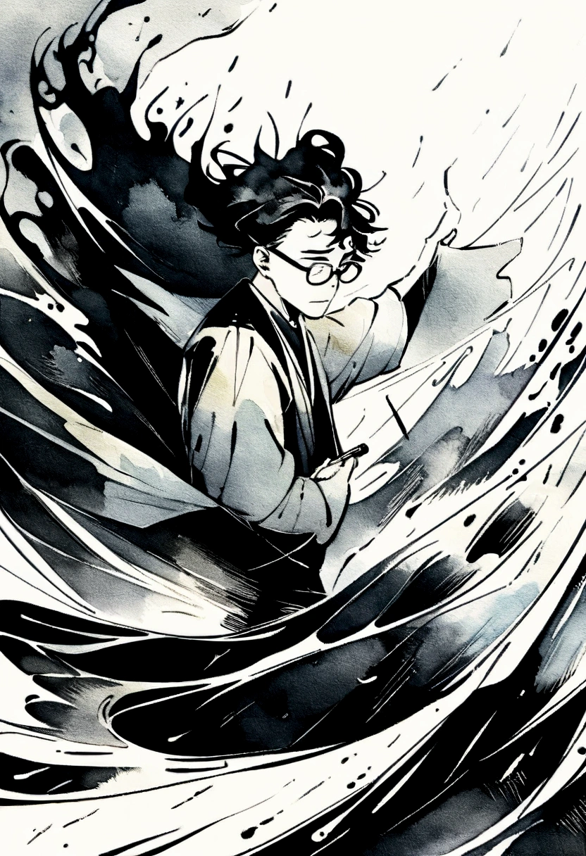 ink art style, black and white, abstract, watercolor painting style, blurs, drawing of a young man, artist man, elegant old clothes, writer man, desperate man ,stressed, rampant, writing with ink, very inspired man, unkempt black hair, glasses, epic , ink and writing powers, rage, strong wind clothes with the wind, rain , black and white, epic, exaggerated pose, sheets of paper flying ,inspiration, wildness 