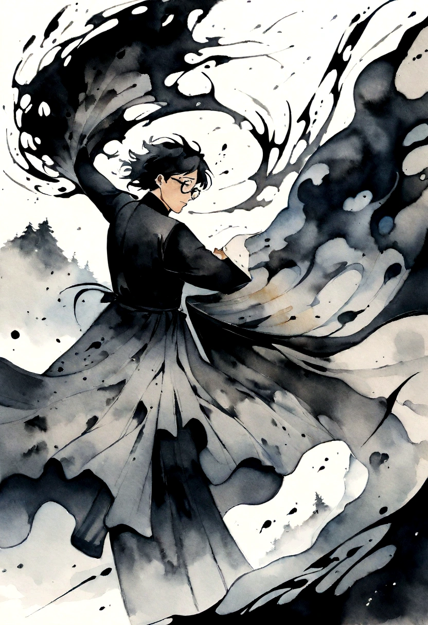 ink art style, black and white, abstract, watercolor painting style, blurs, drawing of a young man, artist man, elegant old clothes, writer man, desperate man ,stressed, rampant, writing with ink, very inspired man, unkempt black hair, glasses, epic , ink and writing powers, rage, strong wind clothes with the wind, rain , black and white, epic, exaggerated pose, sheets of paper flying ,inspiration, wildness
