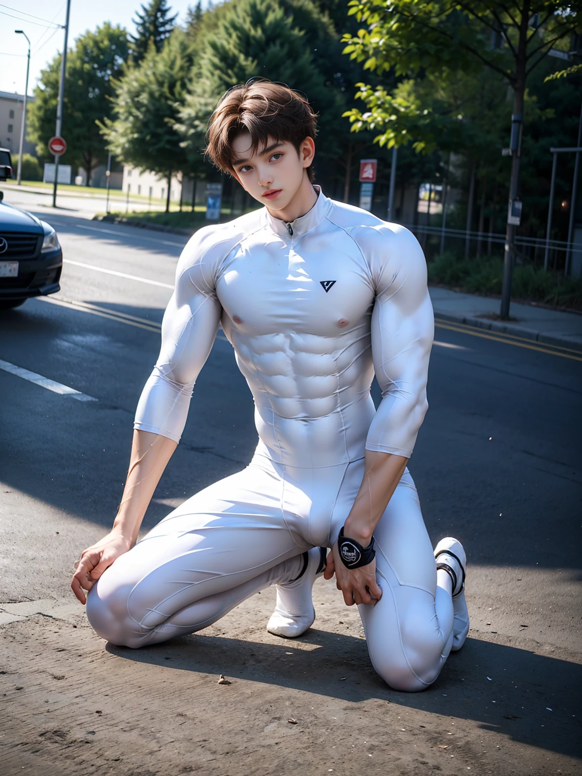 masterpiece,best quality, (A 16-year-old tall boy with a well-developed physique:1.2), (Kneeling upright on the roadside of the campus:1.2),（White tight cycling suit）,Broad shoulders,Muscular shoulders，（Extremely strong body），Attractive and fit body，Inverted triangle figure，Biceps，Highlight muscle texture，Front view， Muscular body，Small head，Handsome and cute face，V-Shaped Face，Perfectly detailed facial features,Looking at the camera，Innocent expression，leaning back,head tilt, happy, very short hair, brown hair,(looking at viewer:1.2)，Wide Angle