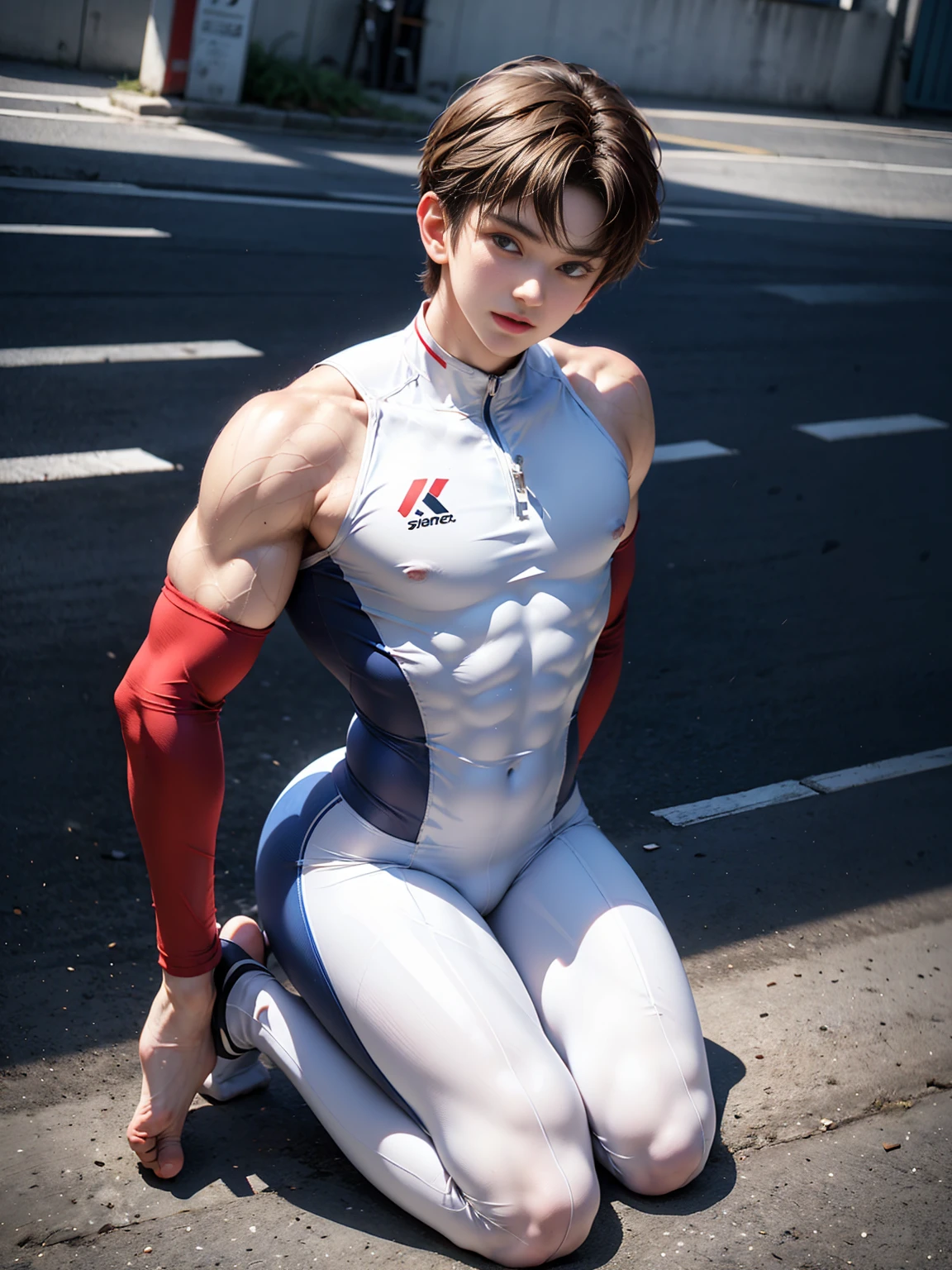 masterpiece,best quality, (A 16-year-old tall boy with a well-developed physique:1.2), (Kneeling upright on the roadside of the campus:1.2),(White tight cycling suit),Broad shoulders,Muscular shoulders,(Extremely strong body),Attractive and fit body,Inverted triangle figure,Biceps,Highlight muscle texture,Front view, Muscular body,Small head,Handsome and cute face,V-Shaped Face,Perfectly detailed facial features,Looking at the camera,Innocent expression,leaning back,head tilt, happy, very short hair, brown hair,(looking at viewer:1.2),Wide Angle