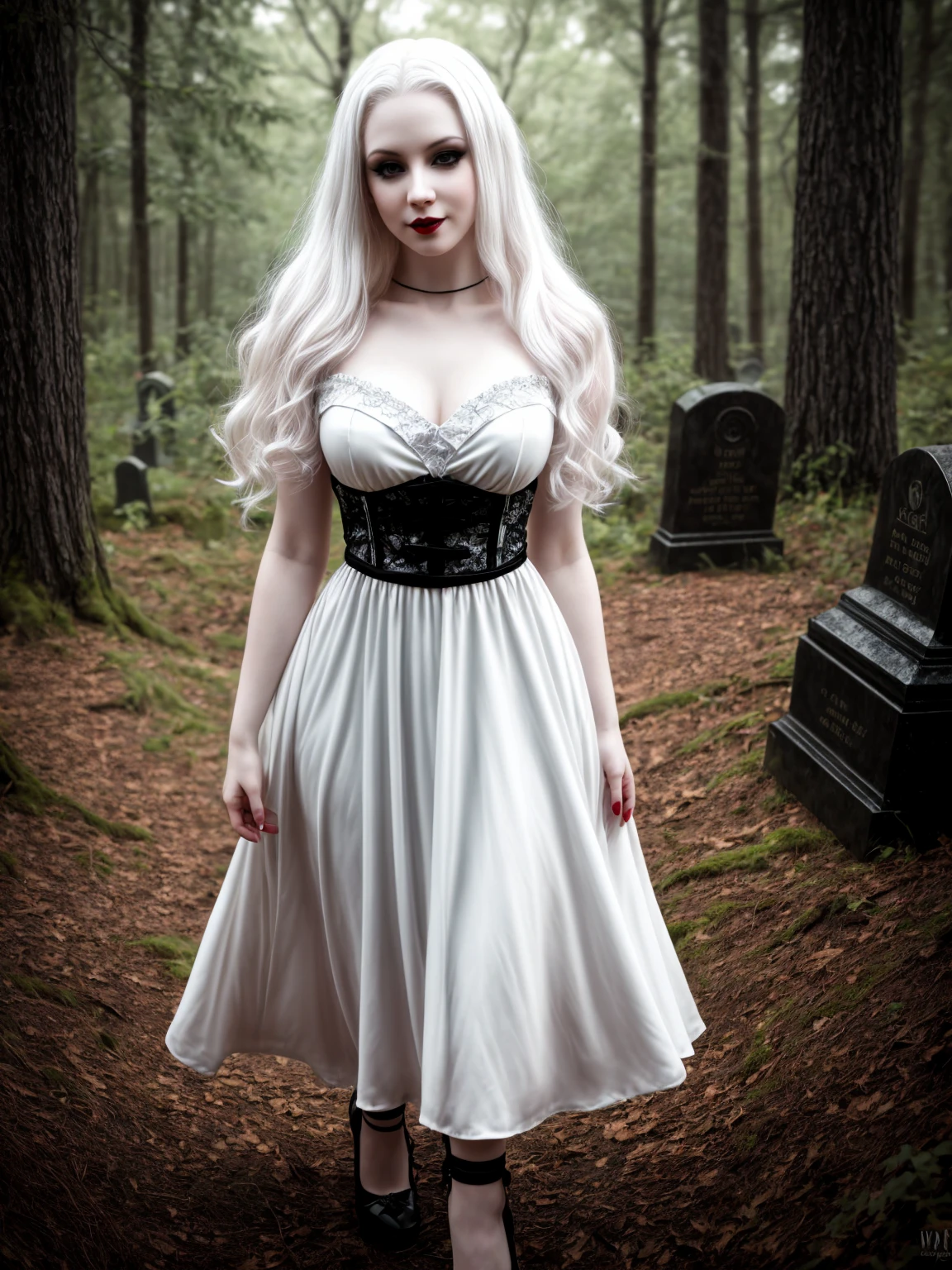 female sexy vampire|albino, pale porcelain skin, sexy vintage black dress, smile, shallow depth of field, grin|creepy, nightfall, detailed face, night, wide hips, narrow waist, portrait of woman standing, detailed eyes, portrait of woman standing, 8k RAW photo, highest quality, looking at the viewer, best shadow, intricate details, long hair, bright eyes, forest, grave, gothic, goth detailed, highres, high qualilty, high saturation