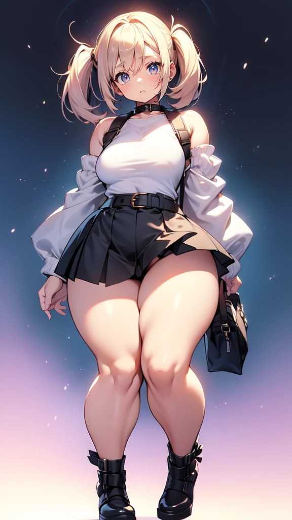 blank background, (((full body))), (masterpiece), ((best quality)), (very short girl), flat chest, short twintail, (wide hips:1.4), (thick thighs:1.4), (very short skirt), toeless footwear, belt below navel, fanny packs, bags