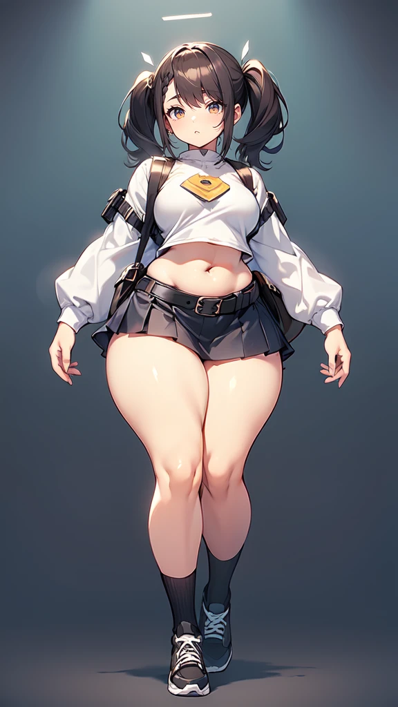 blank background, (((full body))), (masterpiece), ((best quality)), (very short girl), flat chest, short twintail, (wide hips:1.4), (thick thighs:1.4), (very short skirt), toeless footwear, belt below navel, fanny packs, bags