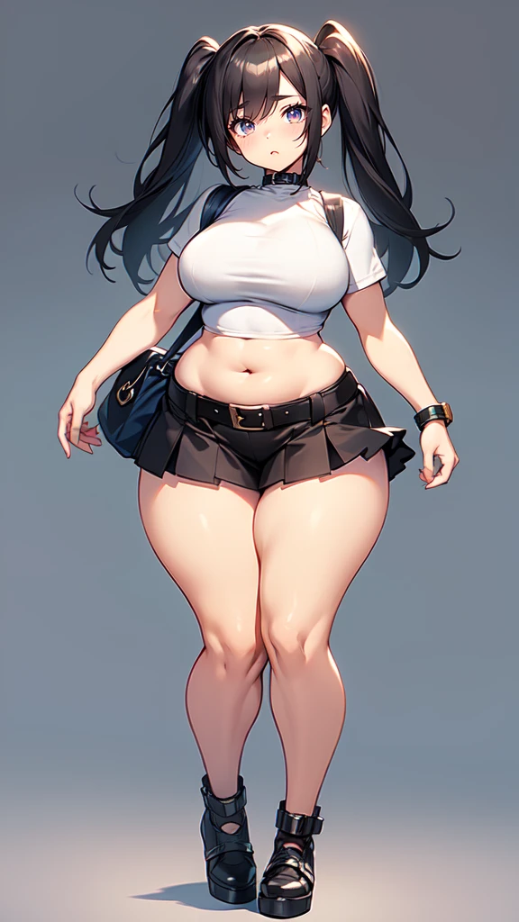 blank background, (((full body))), (masterpiece), ((best quality)), (very short girl), flat chest, short twintail, (wide hips:1.4), (thick thighs:1.4), (very short skirt), toeless footwear, belt below navel, fanny packs, bags