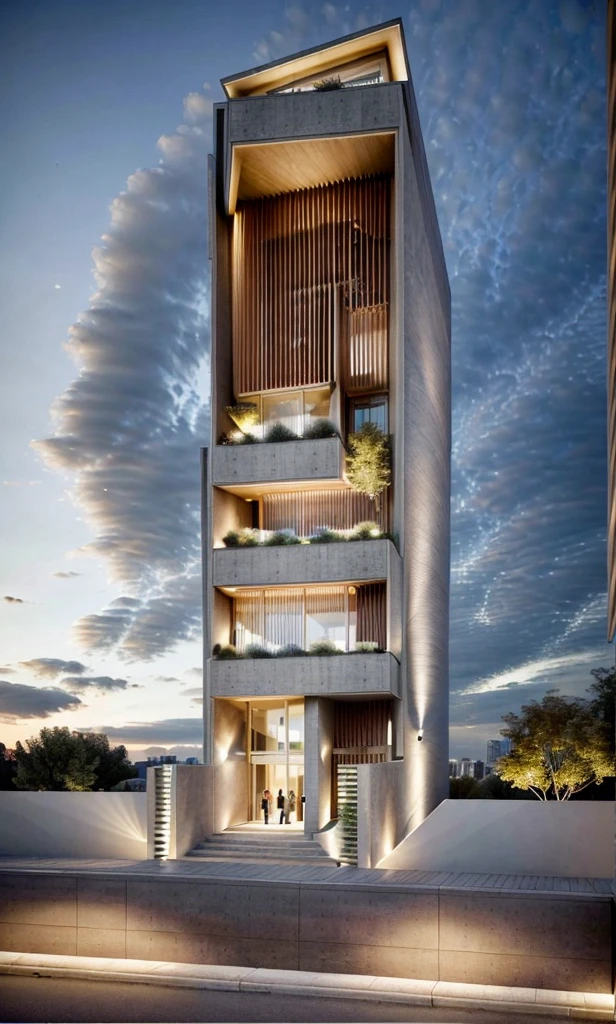 Realistic Photo, office building, night render, provide a highly detailed visual description of the exterior facade, focusing on the flowing, curved wave shapes and how they create a dynamic, sculptural look, Describe the overall massing, scale, and grandeur of the building's design, Discuss how the undulating facade interacts with light and shadow to create a sense of movement, Note any distinctive architectural features like the entrance, canopies, etc. that reinforce the wave design motif, Describe the interior spaces and how they relate to the exterior sculptural form, Use vivid descriptive language to convey a sense of awe and appreciation for the innovative, creative design, Analyze how the building defies conventional design norms yet achieves functionality, Contextualize it as an iconic addition to the cityscape and a new landmark, Discuss the broader significance of the design as pushing boundaries in modern architecture