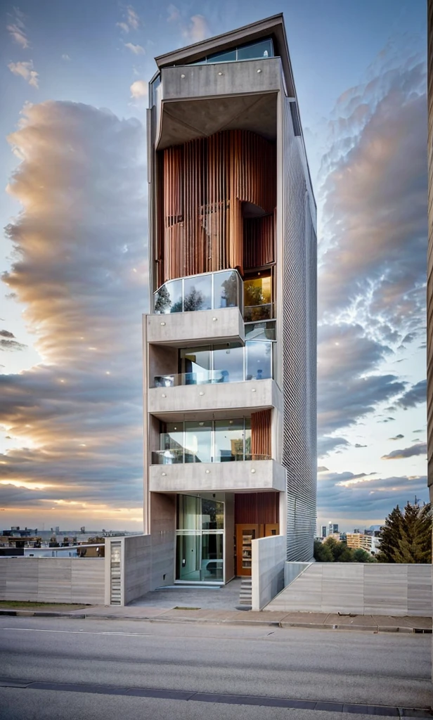 Realistic Photo, office building, night render, provide a highly detailed visual description of the exterior facade, focusing on the flowing, curved wave shapes and how they create a dynamic, sculptural look, Describe the overall massing, scale, and grandeur of the building's design, Discuss how the undulating facade interacts with light and shadow to create a sense of movement, Note any distinctive architectural features like the entrance, canopies, etc. that reinforce the wave design motif, Describe the interior spaces and how they relate to the exterior sculptural form, Use vivid descriptive language to convey a sense of awe and appreciation for the innovative, creative design, Analyze how the building defies conventional design norms yet achieves functionality, Contextualize it as an iconic addition to the cityscape and a new landmark, Discuss the broader significance of the design as pushing boundaries in modern architecture