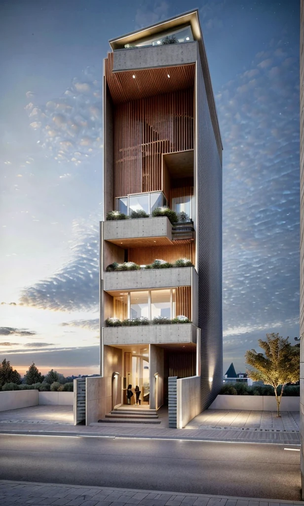 Realistic Photo, office building, night render, provide a highly detailed visual description of the exterior facade, focusing on the flowing, curved wave shapes and how they create a dynamic, sculptural look, Describe the overall massing, scale, and grandeur of the building's design, Discuss how the undulating facade interacts with light and shadow to create a sense of movement, Note any distinctive architectural features like the entrance, canopies, etc. that reinforce the wave design motif, Describe the interior spaces and how they relate to the exterior sculptural form, Use vivid descriptive language to convey a sense of awe and appreciation for the innovative, creative design, Analyze how the building defies conventional design norms yet achieves functionality, Contextualize it as an iconic addition to the cityscape and a new landmark, Discuss the broader significance of the design as pushing boundaries in modern architecture