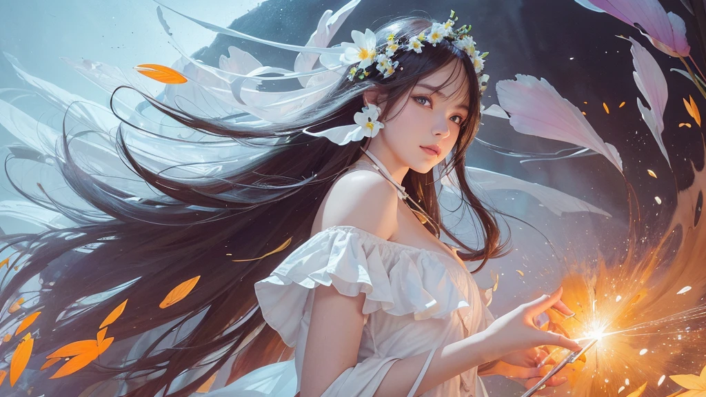32k, Masterpiece, Highest quality, One girl, Detailed eyes, flower,Alstroemeria, White and orange style,A dreamy, romantic piece,Pale purple, Mysterious Leaves,A playful arrangement,Fantasy,High Contrast,Ink strokes,explosion,Exposure, Impression of white and orange tones,Abstract,((Watercolours by John Berkey and Jeremy Mann )) Brush strokes,Negative Space, Tyndall effect,