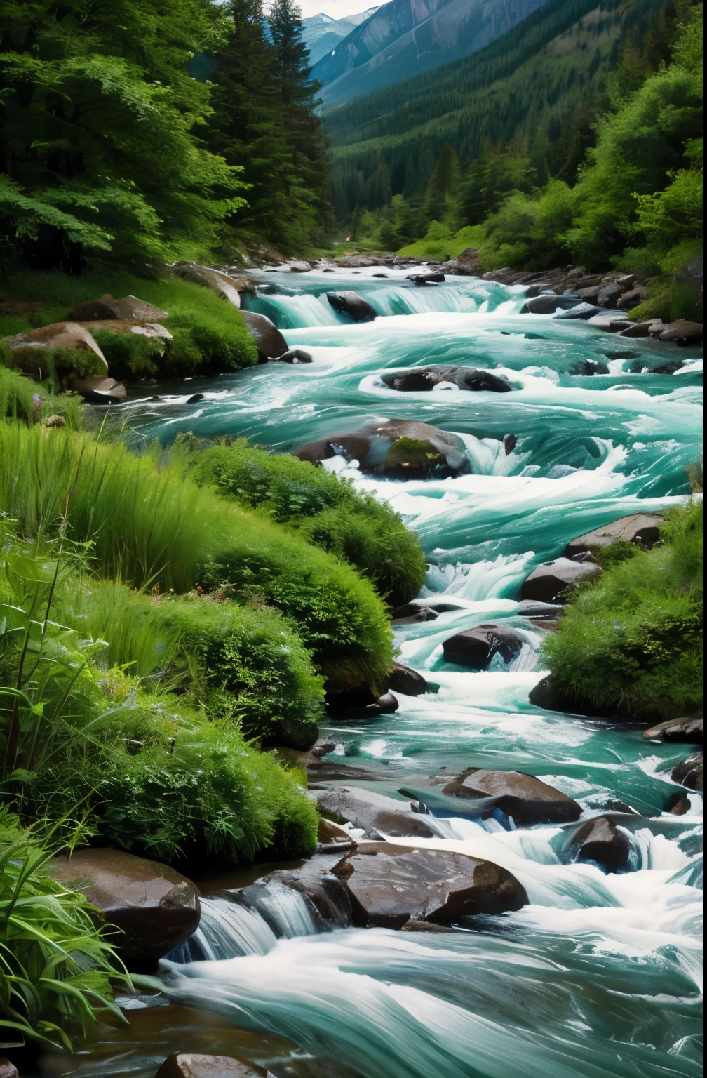 Create an image of a rushing river, that descends from a mountain with vegetation 