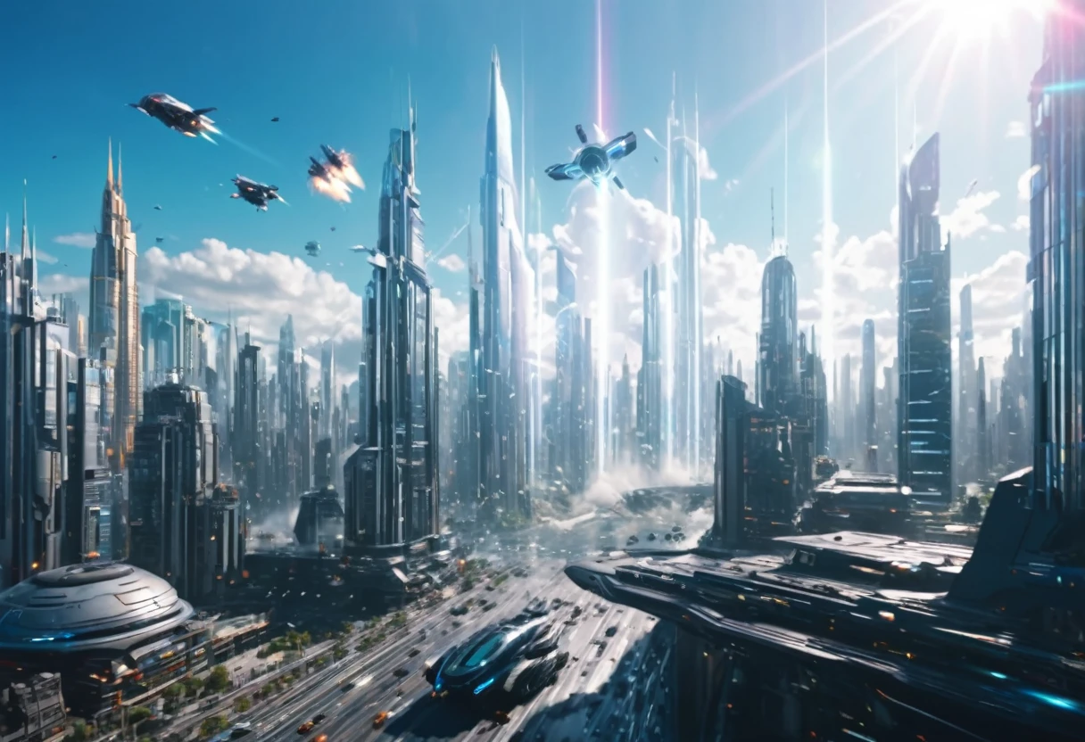 a dramatic cityscape with skyscrapers and landmarks, futuristic sci-fi elements, holographic displays, flying vehicles, explosions, lens flare, cinematic lighting, hyper-detailed, 8k, photorealistic, concept art