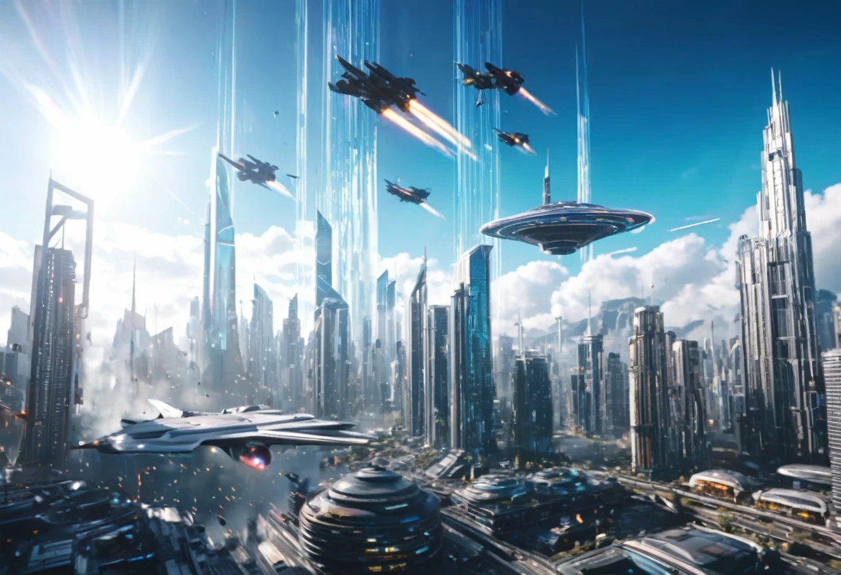 a dramatic cityscape with skyscrapers and landmarks, futuristic sci-fi elements, holographic displays, flying vehicles, explosions, lens flare, cinematic lighting, hyper-detailed, 8k, photorealistic, concept art