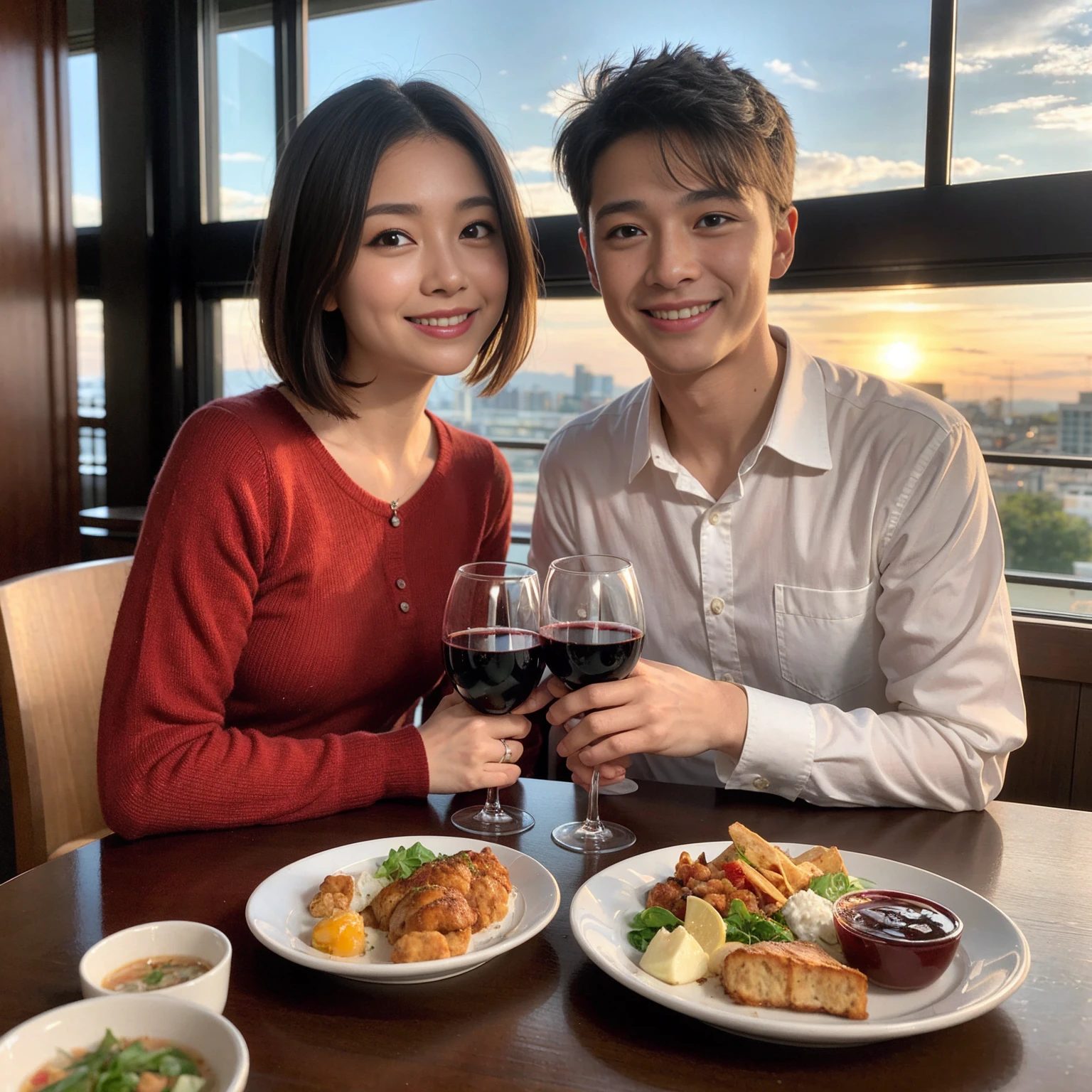 ((Highest quality、8K、masterpiece:1.3))、 (Ultra-realistic、 Genuine、Bright image、Intricate details:1.2), 最高のsmile、1 male 1 female、Beautiful couple、Lovey-dovey lovers、Happy Yokohama Lovers、Good friends、actress couple、smile、Full-course dinner at a packed table、 (Slim face), (the body is slim), (Brown Hair), (short hair), テーブルのwine glass、Please shine a light on my face、 Amazing view of the sunset sky and clouds、 years old 39 years old, red wine 、Appetizers、Wine bottle、sparkling wine、Long sleeve shirt、dress、White wine, red wine, wine glass,