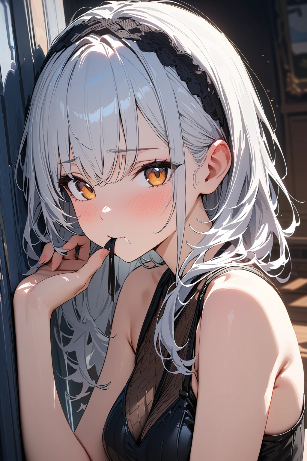 (masterpiece, best quality:1.5), (ultra detailed, high resolution, 8k, beautiful detailed, UHD, best anatomy), 1 cute girl, white hair, medium breasts, got a hair band in his mouth, Hair is gathered by hand to the back of the head