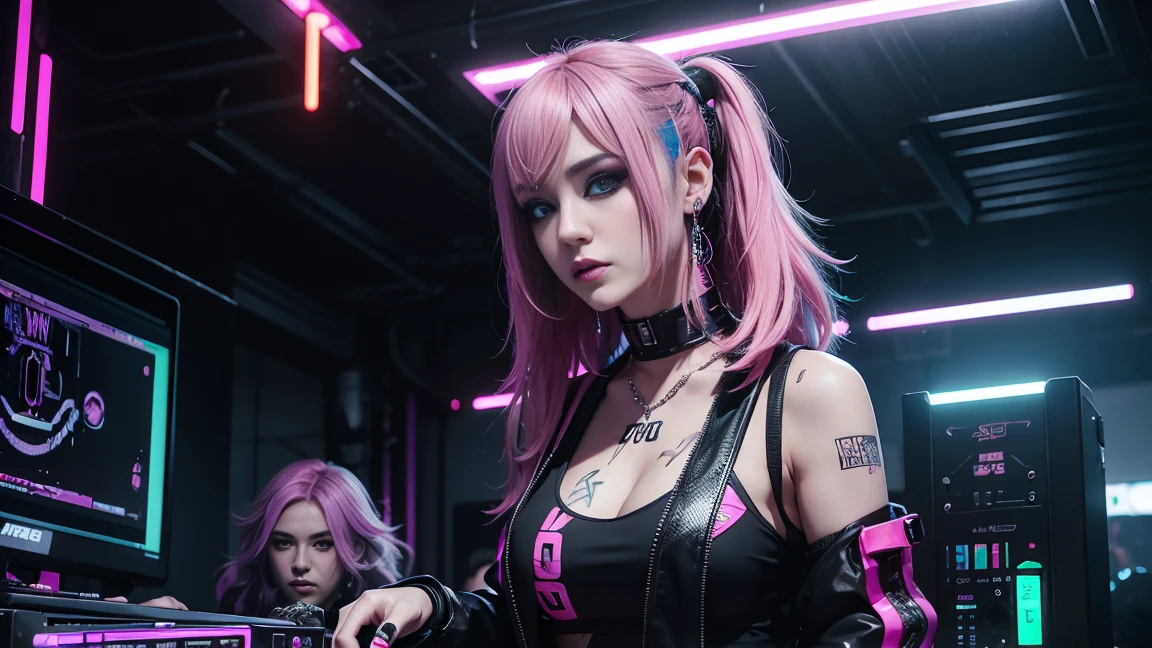 arafed woman in a black top and pink hair standing next to a DJ's mixer, rave girl, raver girl, 1 girl, DJ rave, unreal engine, rave makeup, in cyberpunk style, has cyberpunk style, rave inspired, cyber punk setting, cyberpunk vibes, cyberpunk vibe, beautiful cyberpunk woman model, cyberpunk style color