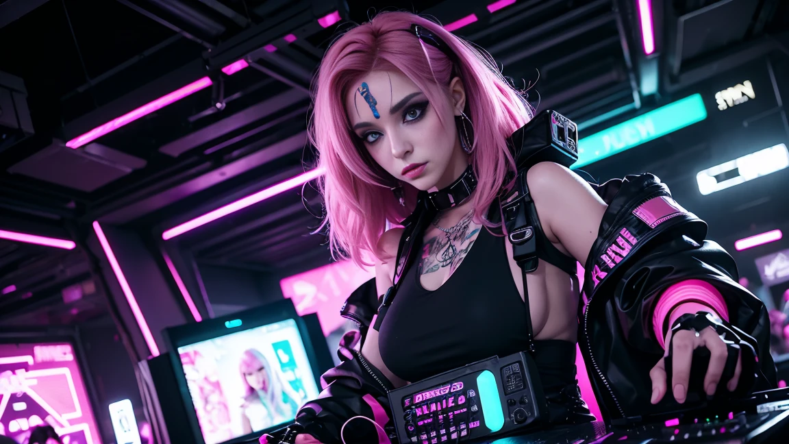 arafed woman in a black top and pink hair standing next to a DJ's mixer, rave girl, raver girl, 1 girl, DJ rave, unreal engine, rave makeup, in cyberpunk style, has cyberpunk style, rave inspired, cyber punk setting, cyberpunk vibes, cyberpunk vibe, beautiful cyberpunk woman model, cyberpunk style color
