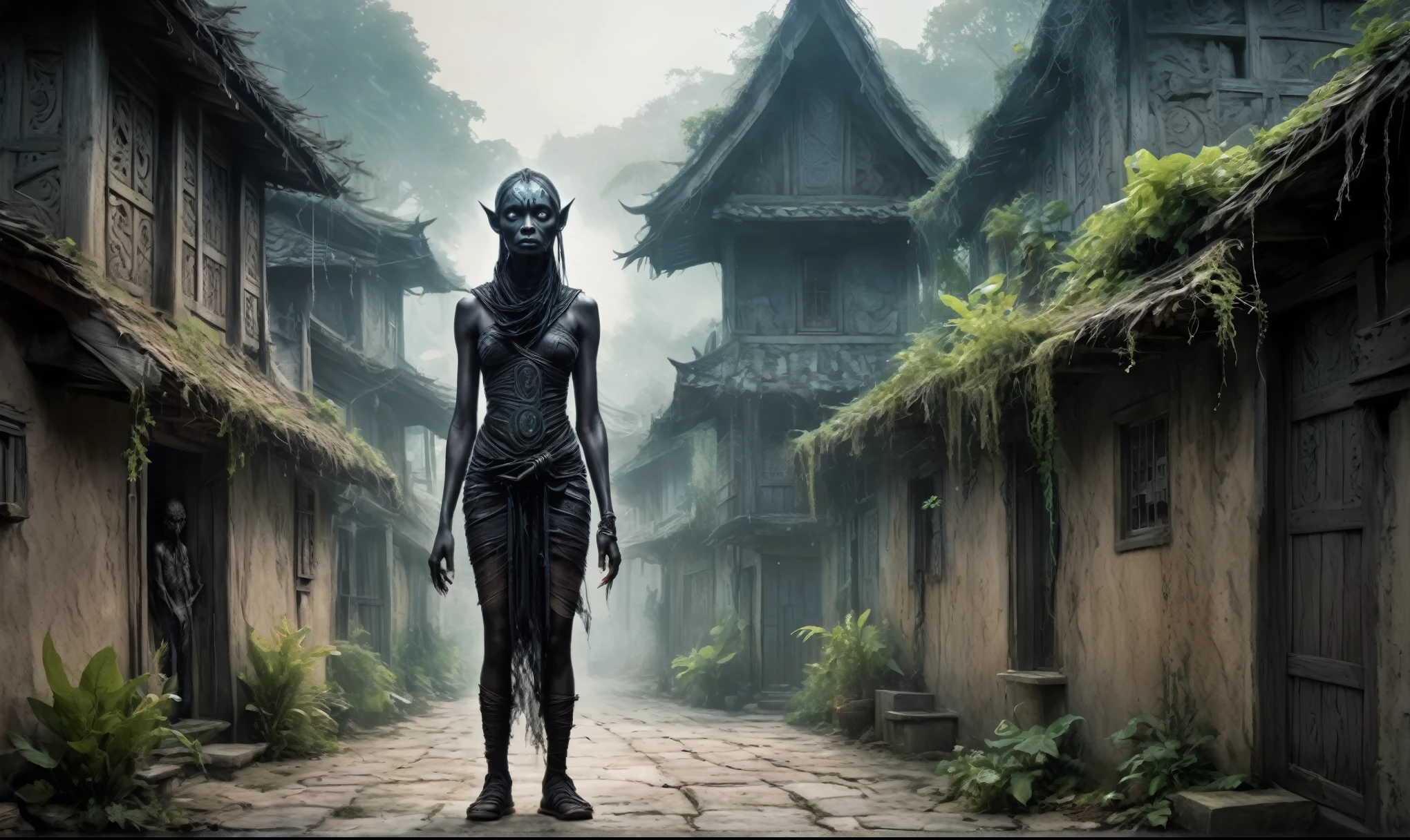 full body length shot,beggar niobium graphite mummy of Alien Entity,native africa slave,Caribbean with AI in brain,starving,medieval azctec city,Cinematic,soft colors, Technicolor,natural skin textures, hyper realism, hyper detailed,Extremely detailed,High contrast,Masterpiece,Realistic,Ultra Detailed, intricate details,realistic humid leather,extremly intricate,Epic Realistic, cinematic style, irina yermolova,high contrast,hdr,extremely detailed,masterpiece, intricate details, eyes extremely detailed, high detailed eyes,8k resolution,retina, Nikon Z9,Korea,orc,Li River in Guangxi Zhuang of medieval Italia, perfect, Elf,transition between two art styles, Double contact, X-ray, Creative, vivid light, fantasy, Abstract, Surrealism, super detailed, high resolution, trap against fairies between houses in air,insanity wear,Her skin is pale, almost translucent. symbols of gothic elements, further emphasizing its dark air