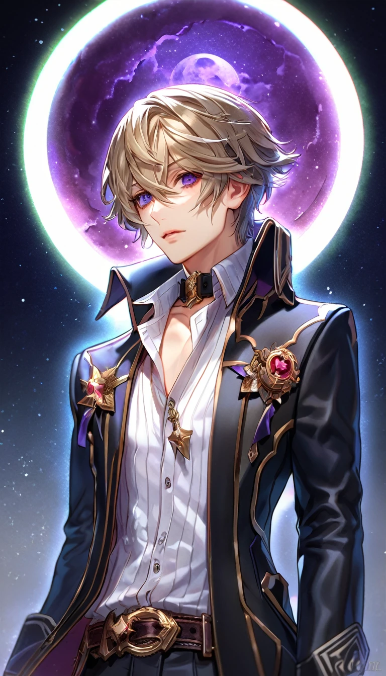 absurdres, highres, ultra detailed, HDR, master piece, best quality, extremely detailed face, delicated features, Julius Visconti, ash-blonde messy hair, short hair, hair that has bangs hanging on the left side, hair between the eyes, God Eater 2, solo, sexy man, handsome, a black collar with gold buckle, black coat, black pants, with gold accents, white shirt, fantasy, magic, radiant, purple moon, starry, purple flames