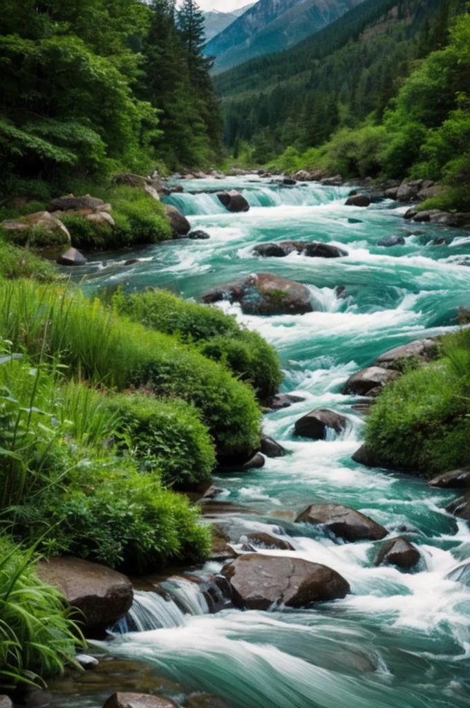 Create an image of a rushing river, that descends from a mountain with vegetation 