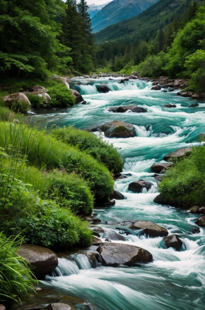 Create an image of a rushing river, that descends from a mountain with vegetation