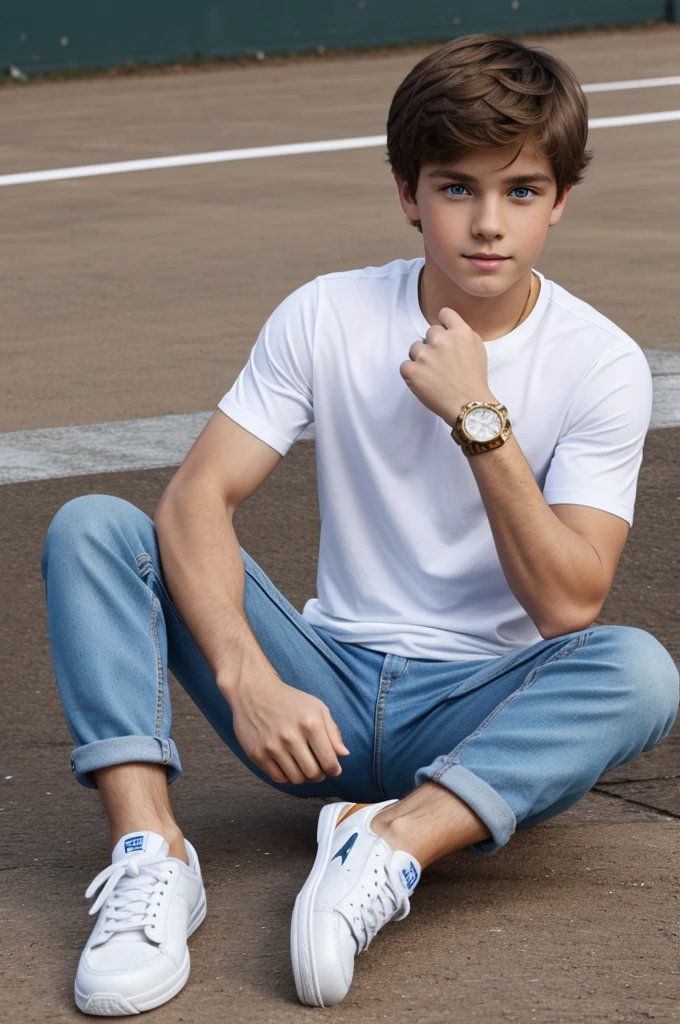 A boy with brown hair, blue eyes, a white t-shirt and jeans, white tennis shoes and a gold watch.