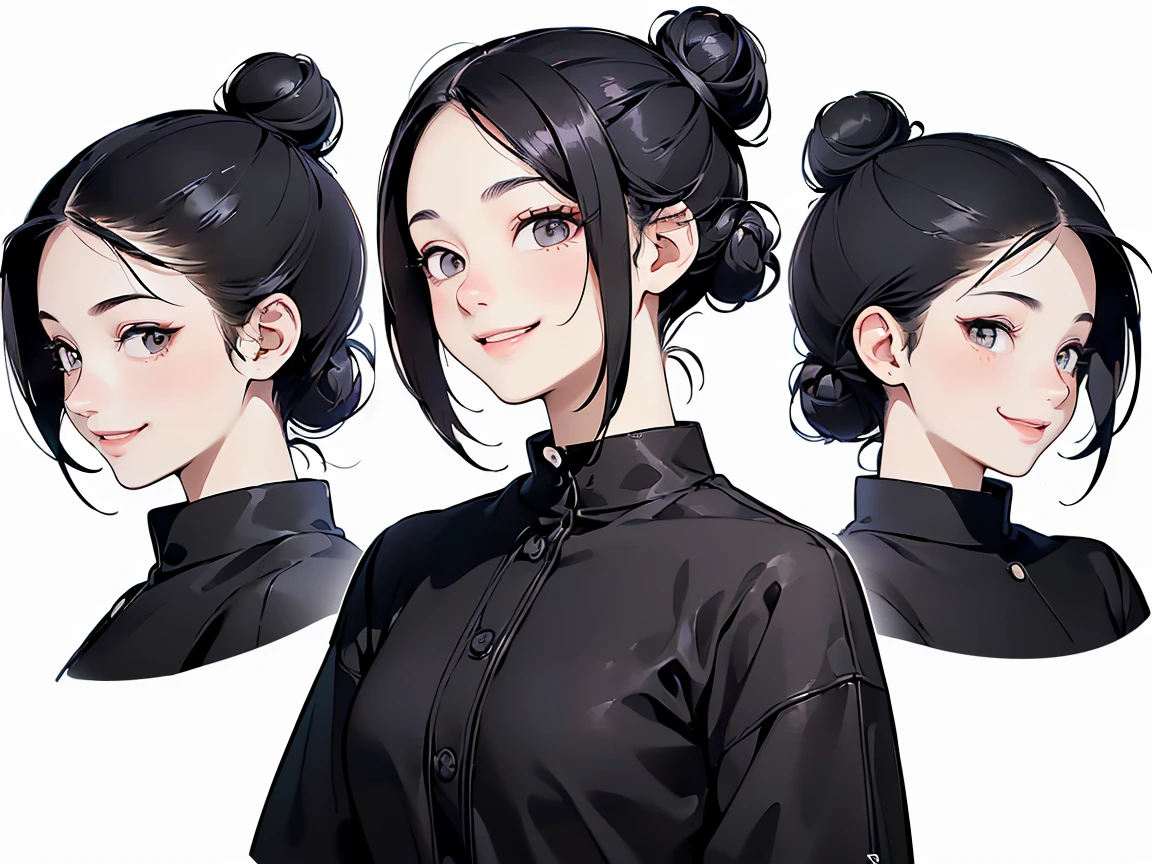 21 years old, Black-haired girl, (((Smiley Face, Flirting face, Excited face, Excited face, Scared face, Confused face))) ((Bun hairstyle)) (((Detailed character list, Front view, side view, Three-quarter view))) (((White background)))